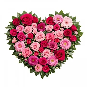 Ett fyllt begravningshjärta med lila, rosa och röda snittblommor och grönt.