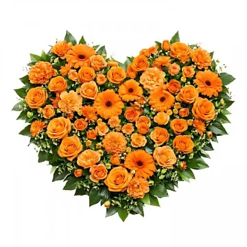 Ett fyllt begravningshjärta med orange snittblommor och grönt.
