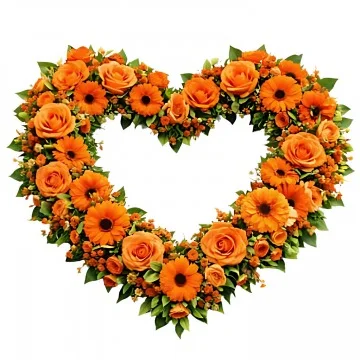 Ett öppet begravningshjärta med orange snittblommor och grönt.