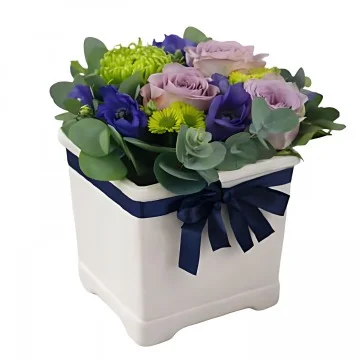 Ett lågt arrangemang till nyfödd med blått band runt en vit kruka med blå/lila snittblommor och grönt.