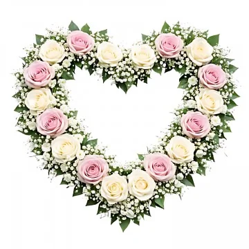 Ett öppet begravningshjärta med rosa och vita rosor och grönt.