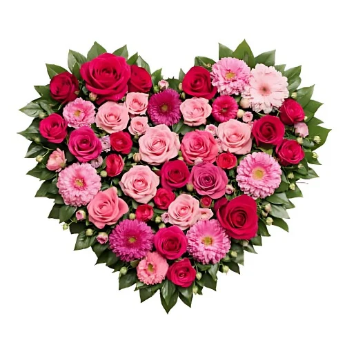 Ett fyllt begravningshjärta med lila, rosa och röda snittblommor och grönt.
