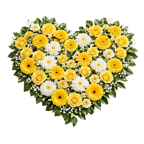 Ett fyllt begravningshjärta med gula snittblommor och grönt.