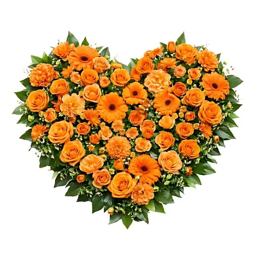 Ett fyllt begravningshjärta med orange snittblommor och grönt.