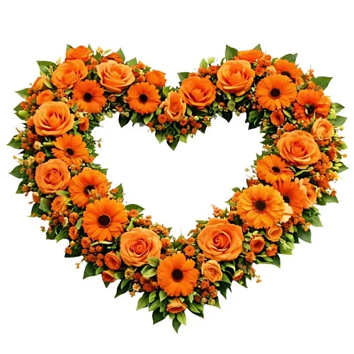Ett öppet begravningshjärta med orange snittblommor och grönt.