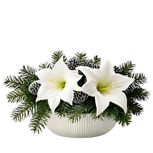 En julgrupp i skål med vit amaryllis och grönt jultema.