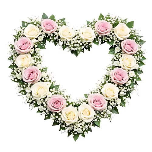 Ett öppet begravningshjärta med rosa och vita rosor och grönt.