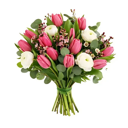 En tulpanbukett med rosa tulpaner, vita och rosa snittblommor och grönt.